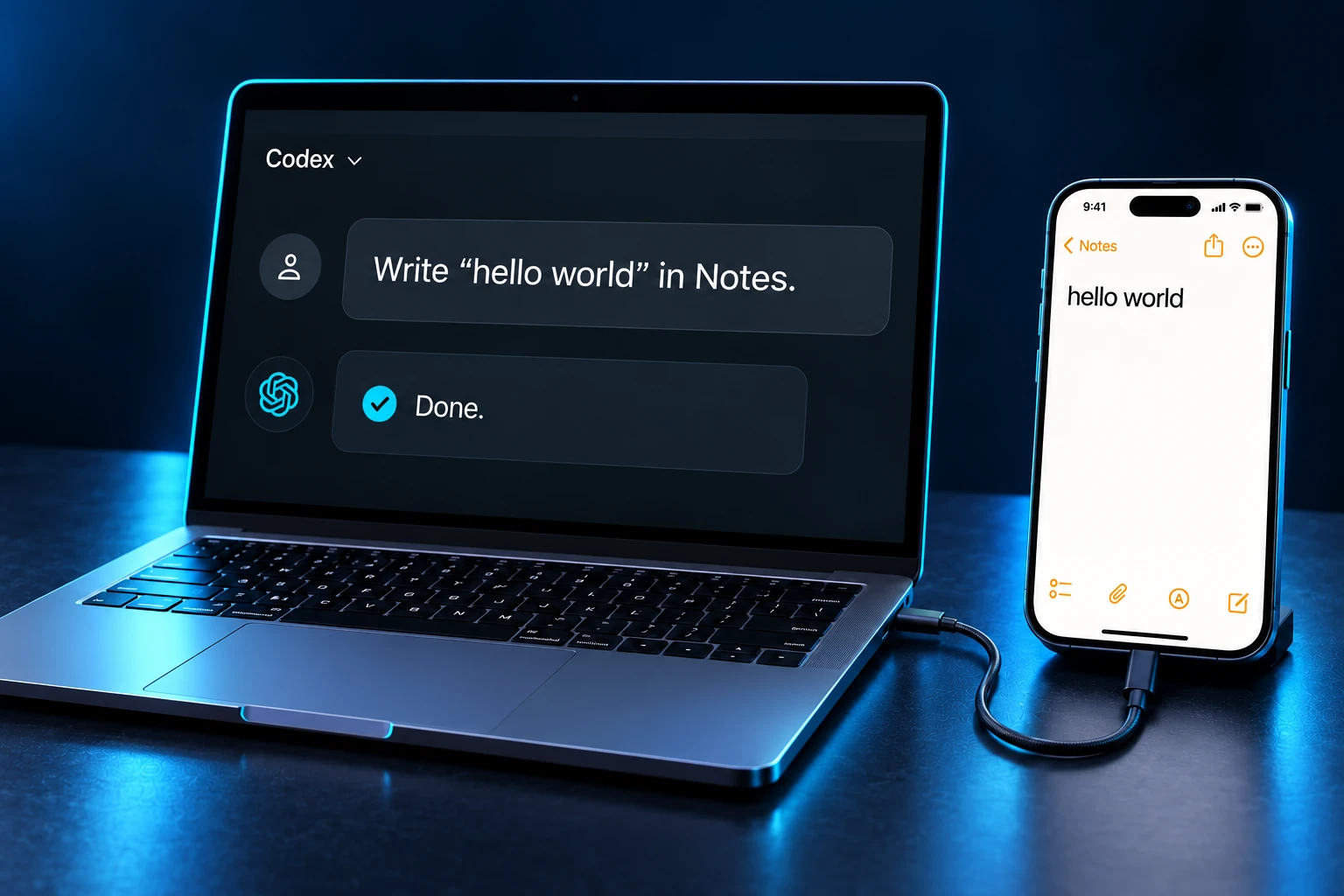 Concept illustration: a local Codex instruction on a laptop and hello world in Notes on a USB-connected iPhone